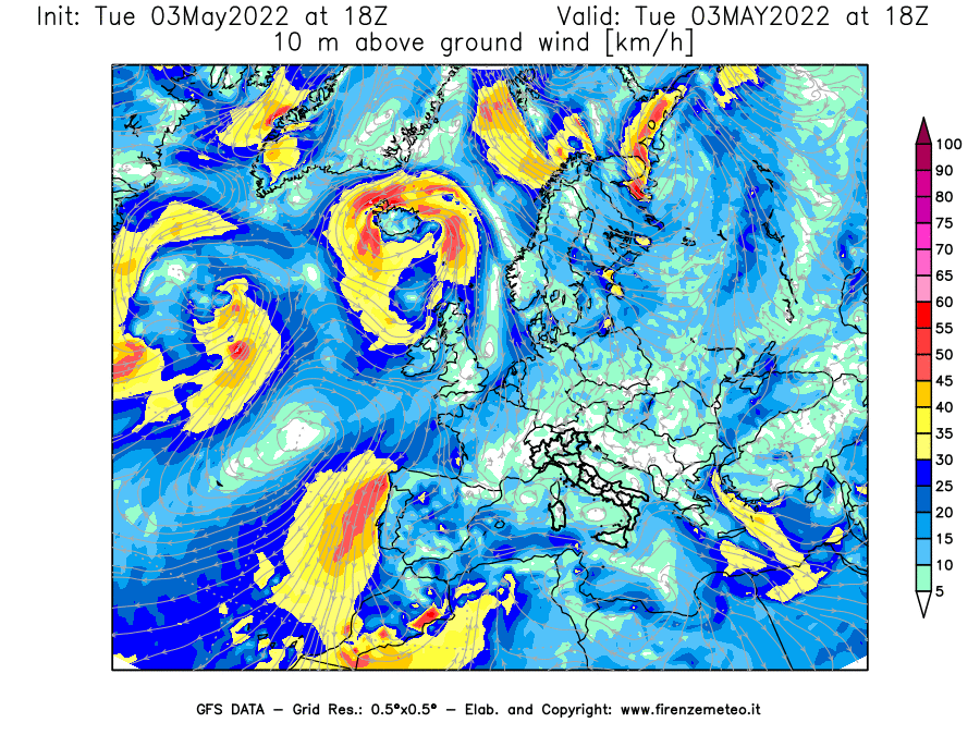 Mappa di analisi GFS - Velocità del vento a 10 metri dal suolo [km/h] in Europa
									del 03/05/2022 18 <!--googleoff: index-->UTC<!--googleon: index-->