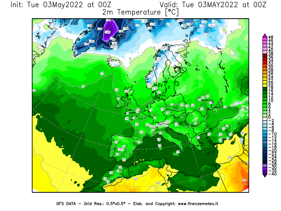 Mappa di analisi GFS - Temperatura a 2 metri dal suolo [°C] in Europa
									del 03/05/2022 00 <!--googleoff: index-->UTC<!--googleon: index-->
