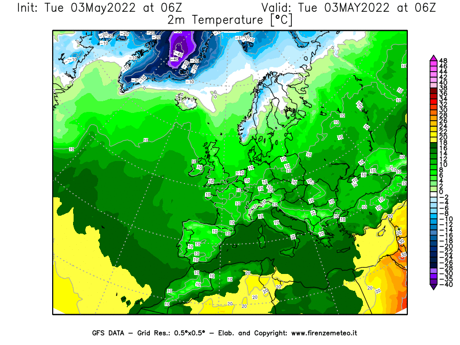 Mappa di analisi GFS - Temperatura a 2 metri dal suolo [°C] in Europa
									del 03/05/2022 06 <!--googleoff: index-->UTC<!--googleon: index-->