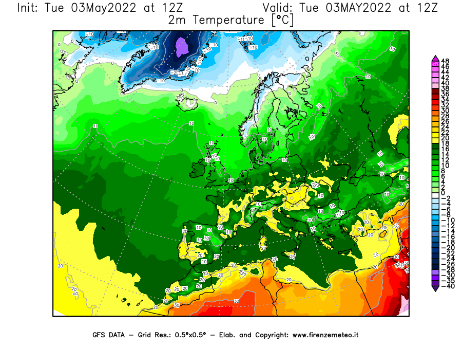 Mappa di analisi GFS - Temperatura a 2 metri dal suolo [°C] in Europa
									del 03/05/2022 12 <!--googleoff: index-->UTC<!--googleon: index-->