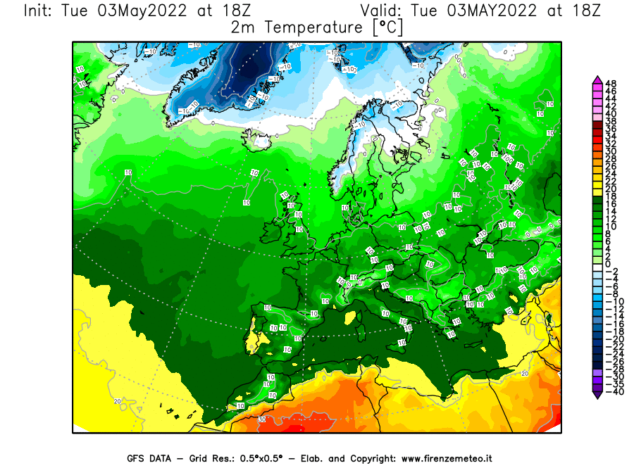Mappa di analisi GFS - Temperatura a 2 metri dal suolo [°C] in Europa
									del 03/05/2022 18 <!--googleoff: index-->UTC<!--googleon: index-->
