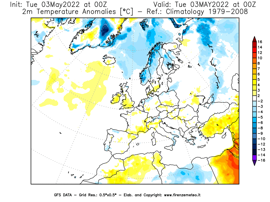 Mappa di analisi GFS - Anomalia Temperatura [°C] a 2 m in Europa
									del 03/05/2022 00 <!--googleoff: index-->UTC<!--googleon: index-->