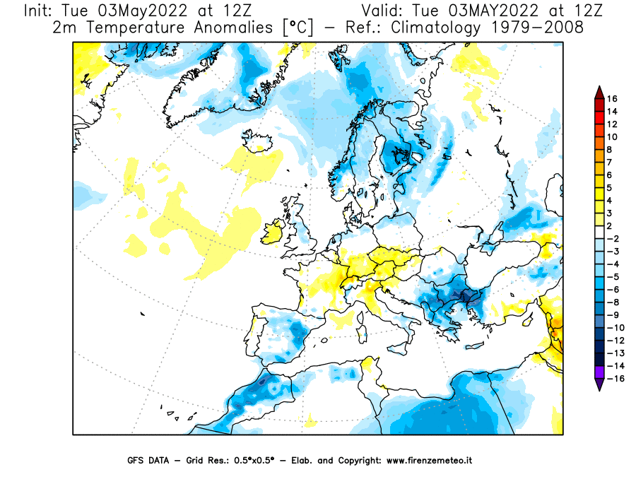 Mappa di analisi GFS - Anomalia Temperatura [°C] a 2 m in Europa
									del 03/05/2022 12 <!--googleoff: index-->UTC<!--googleon: index-->