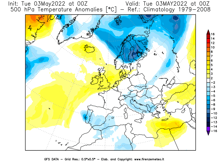 Mappa di analisi GFS - Anomalia Temperatura [°C] a 500 hPa in Europa
									del 03/05/2022 00 <!--googleoff: index-->UTC<!--googleon: index-->