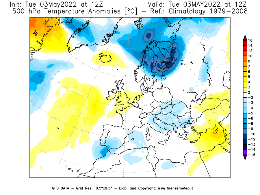 Mappa di analisi GFS - Anomalia Temperatura [°C] a 500 hPa in Europa
									del 03/05/2022 12 <!--googleoff: index-->UTC<!--googleon: index-->