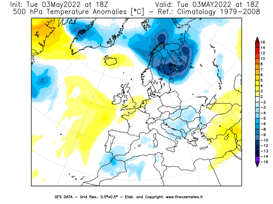 Mappa di analisi GFS - Anomalia Temperatura [°C] a 500 hPa in Europa
									del 03/05/2022 18 <!--googleoff: index-->UTC<!--googleon: index-->