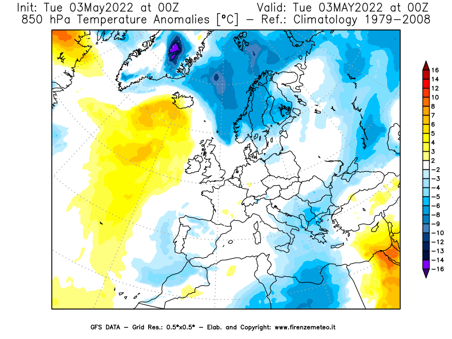 Mappa di analisi GFS - Anomalia Temperatura [°C] a 850 hPa in Europa
									del 03/05/2022 00 <!--googleoff: index-->UTC<!--googleon: index-->