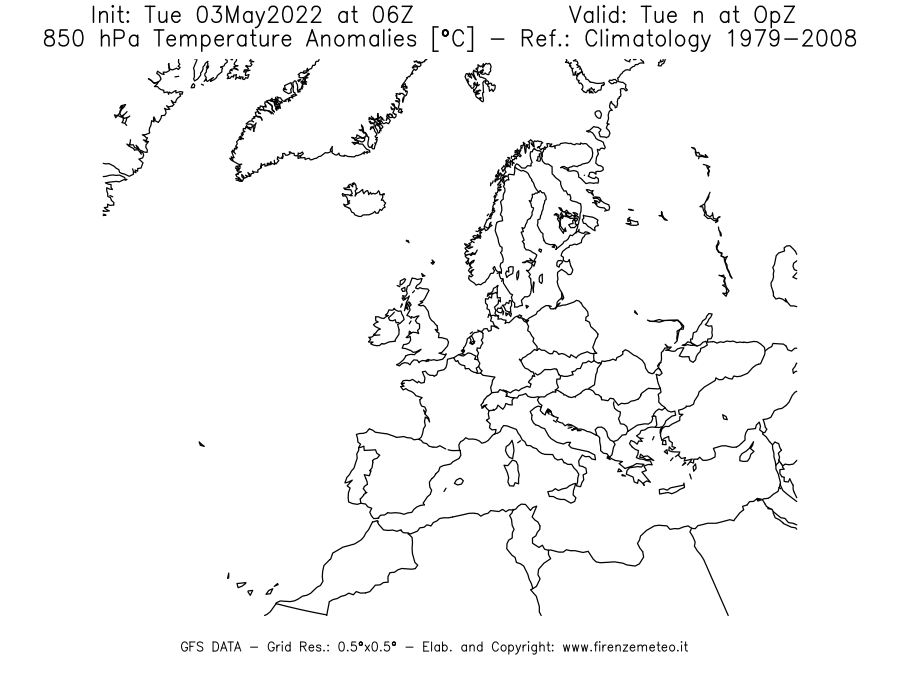 Mappa di analisi GFS - Anomalia Temperatura [°C] a 850 hPa in Europa
									del 03/05/2022 06 <!--googleoff: index-->UTC<!--googleon: index-->