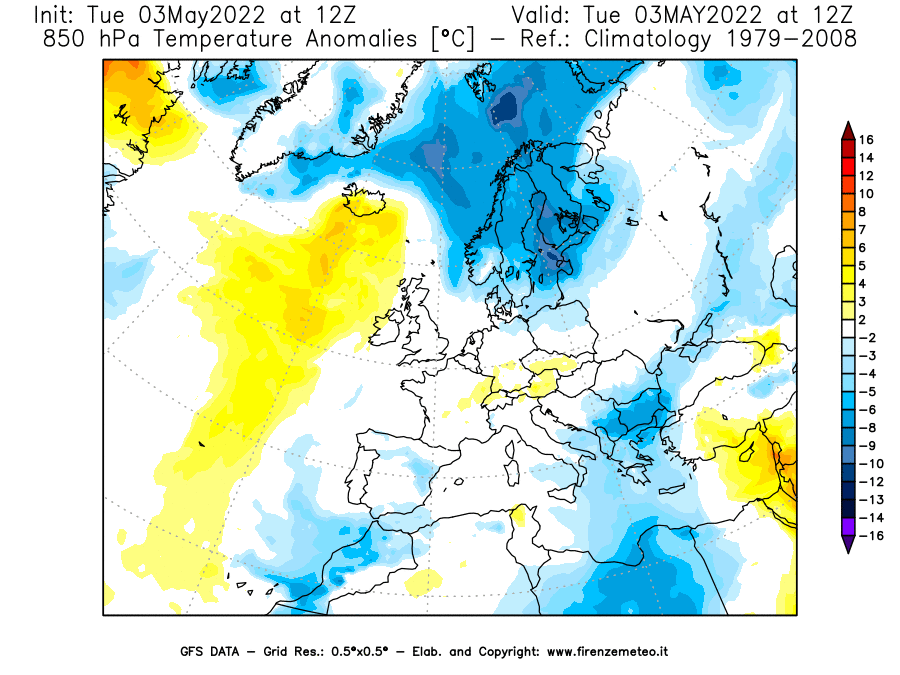 Mappa di analisi GFS - Anomalia Temperatura [°C] a 850 hPa in Europa
									del 03/05/2022 12 <!--googleoff: index-->UTC<!--googleon: index-->