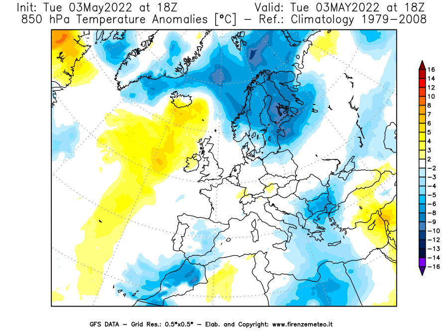 Mappa di analisi GFS - Anomalia Temperatura [°C] a 850 hPa in Europa
									del 03/05/2022 18 <!--googleoff: index-->UTC<!--googleon: index-->