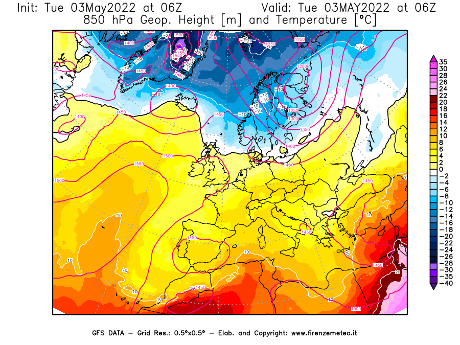 Mappa di analisi GFS - Geopotenziale [m] e Temperatura [°C] a 850 hPa in Europa
									del 03/05/2022 06 <!--googleoff: index-->UTC<!--googleon: index-->