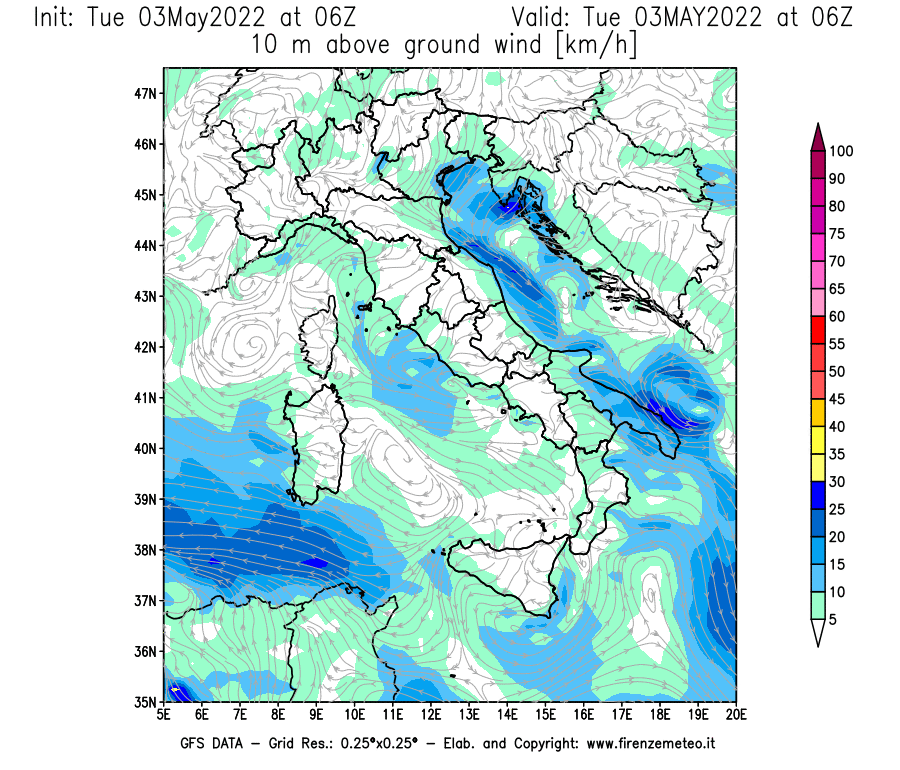 Mappa di analisi GFS - Velocità del vento a 10 metri dal suolo [km/h] in Italia
									del 03/05/2022 06 <!--googleoff: index-->UTC<!--googleon: index-->