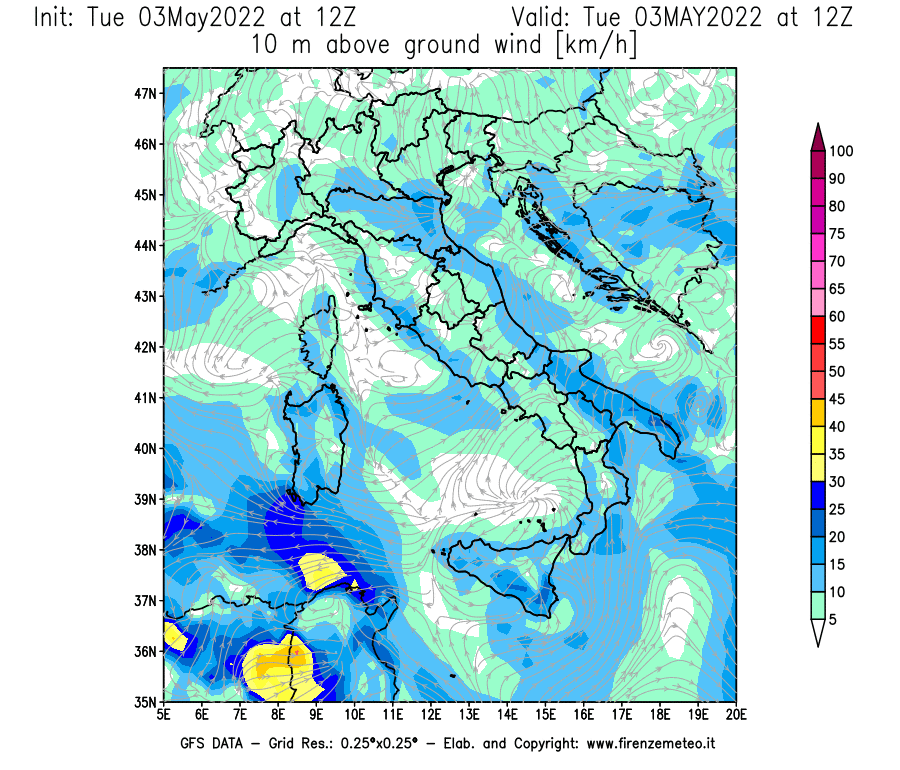 Mappa di analisi GFS - Velocità del vento a 10 metri dal suolo [km/h] in Italia
									del 03/05/2022 12 <!--googleoff: index-->UTC<!--googleon: index-->