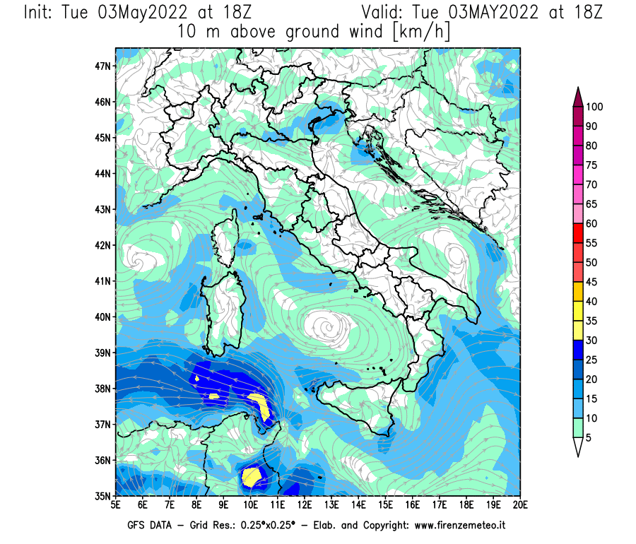 Mappa di analisi GFS - Velocità del vento a 10 metri dal suolo [km/h] in Italia
									del 03/05/2022 18 <!--googleoff: index-->UTC<!--googleon: index-->