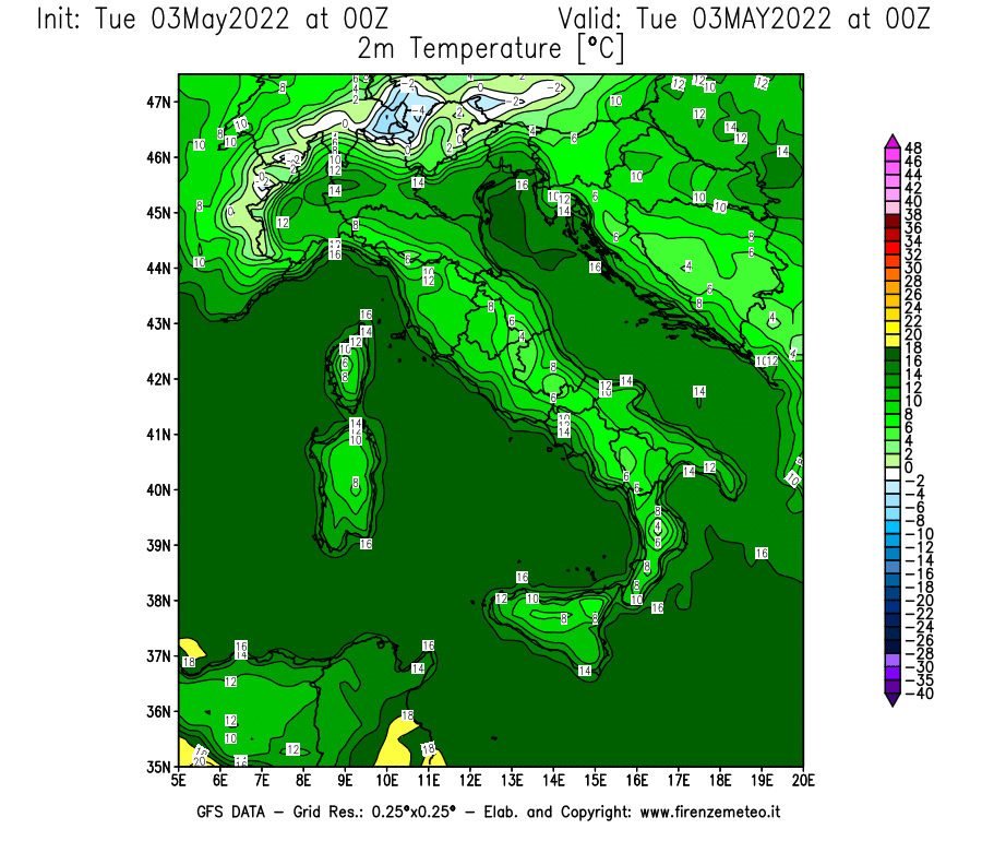 Mappa di analisi GFS - Temperatura a 2 metri dal suolo [°C] in Italia
									del 03/05/2022 00 <!--googleoff: index-->UTC<!--googleon: index-->