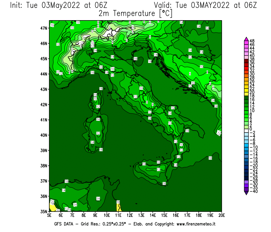 Mappa di analisi GFS - Temperatura a 2 metri dal suolo [°C] in Italia
									del 03/05/2022 06 <!--googleoff: index-->UTC<!--googleon: index-->