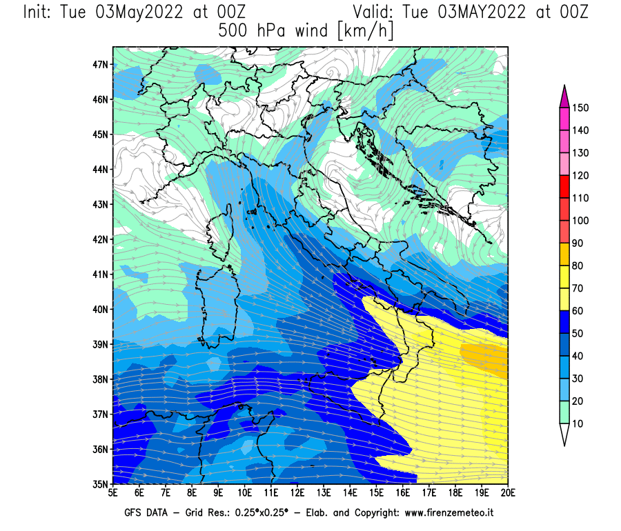 Mappa di analisi GFS - Velocità del vento a 500 hPa [km/h] in Italia
									del 03/05/2022 00 <!--googleoff: index-->UTC<!--googleon: index-->