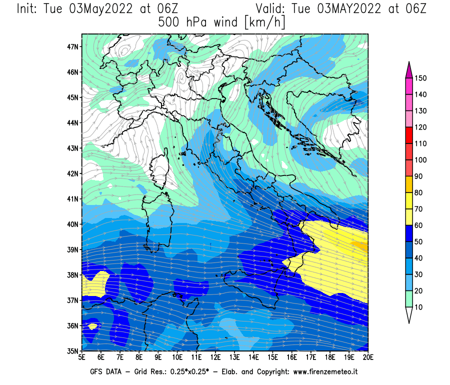 Mappa di analisi GFS - Velocità del vento a 500 hPa [km/h] in Italia
									del 03/05/2022 06 <!--googleoff: index-->UTC<!--googleon: index-->