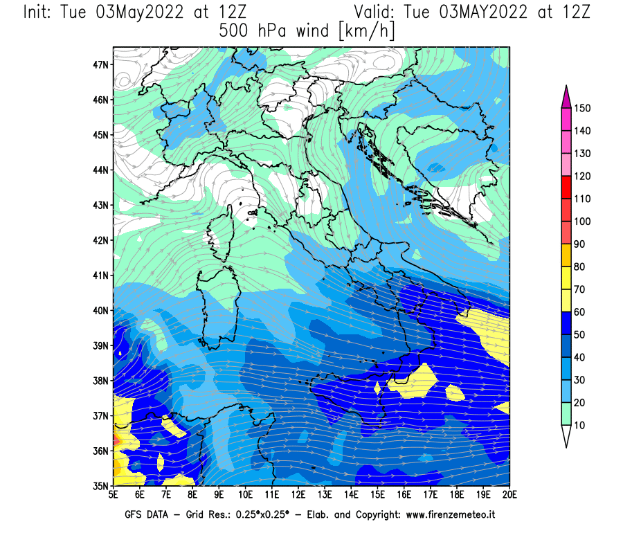 Mappa di analisi GFS - Velocità del vento a 500 hPa [km/h] in Italia
									del 03/05/2022 12 <!--googleoff: index-->UTC<!--googleon: index-->
