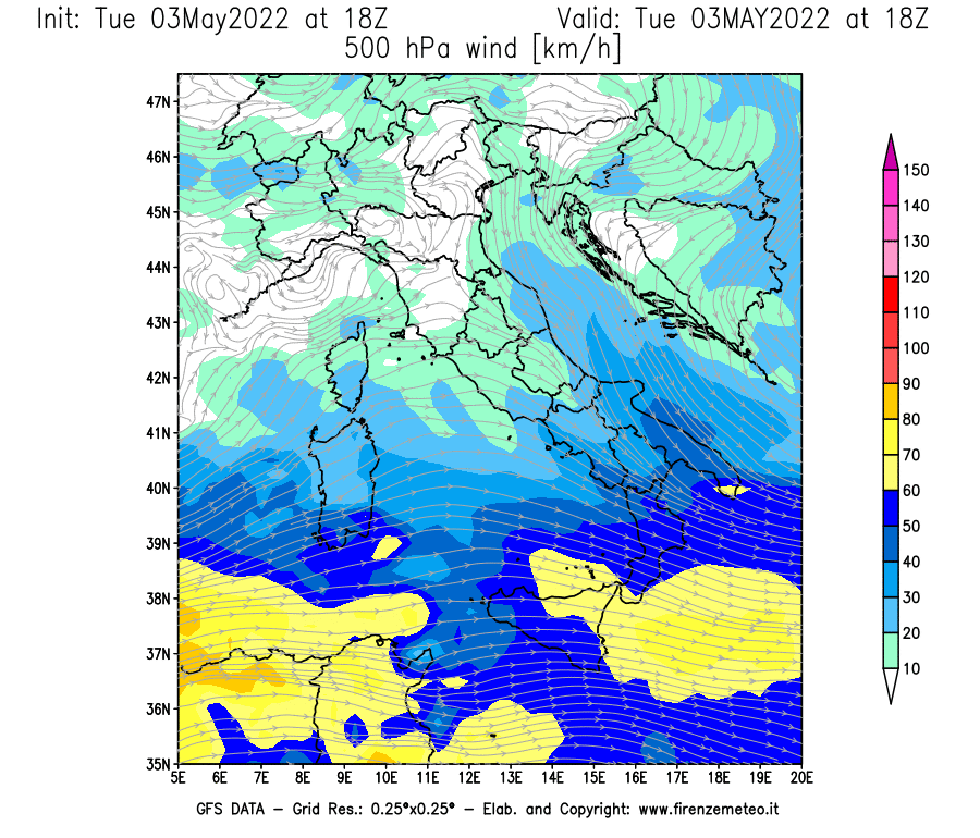 Mappa di analisi GFS - Velocità del vento a 500 hPa [km/h] in Italia
									del 03/05/2022 18 <!--googleoff: index-->UTC<!--googleon: index-->