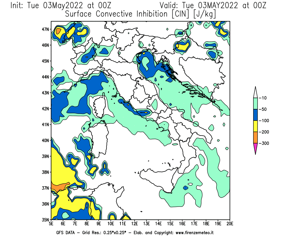 Mappa di analisi GFS - CIN [J/kg] in Italia
									del 03/05/2022 00 <!--googleoff: index-->UTC<!--googleon: index-->