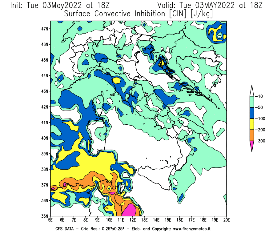 Mappa di analisi GFS - CIN [J/kg] in Italia
									del 03/05/2022 18 <!--googleoff: index-->UTC<!--googleon: index-->
