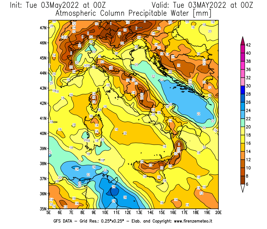 Mappa di analisi GFS - Precipitable Water [mm] in Italia
									del 03/05/2022 00 <!--googleoff: index-->UTC<!--googleon: index-->