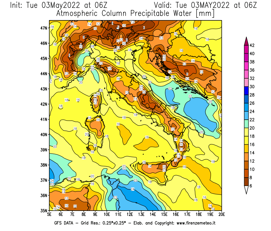 Mappa di analisi GFS - Precipitable Water [mm] in Italia
									del 03/05/2022 06 <!--googleoff: index-->UTC<!--googleon: index-->