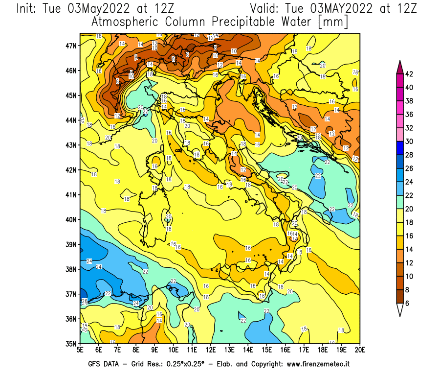 Mappa di analisi GFS - Precipitable Water [mm] in Italia
									del 03/05/2022 12 <!--googleoff: index-->UTC<!--googleon: index-->