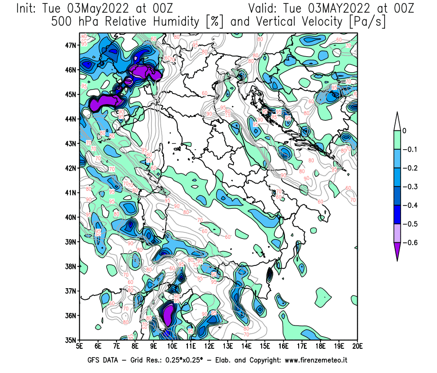 Mappa di analisi GFS - Umidità relativa [%] e Omega [Pa/s] a 500 hPa in Italia
									del 03/05/2022 00 <!--googleoff: index-->UTC<!--googleon: index-->