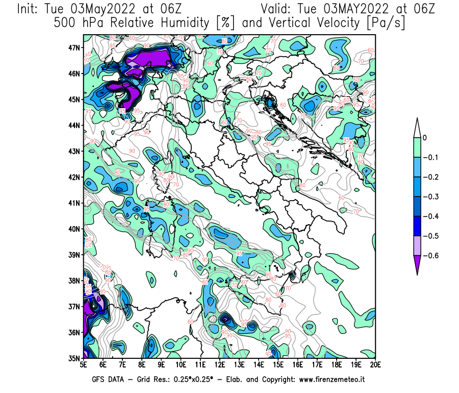 Mappa di analisi GFS - Umidità relativa [%] e Omega [Pa/s] a 500 hPa in Italia
									del 03/05/2022 06 <!--googleoff: index-->UTC<!--googleon: index-->