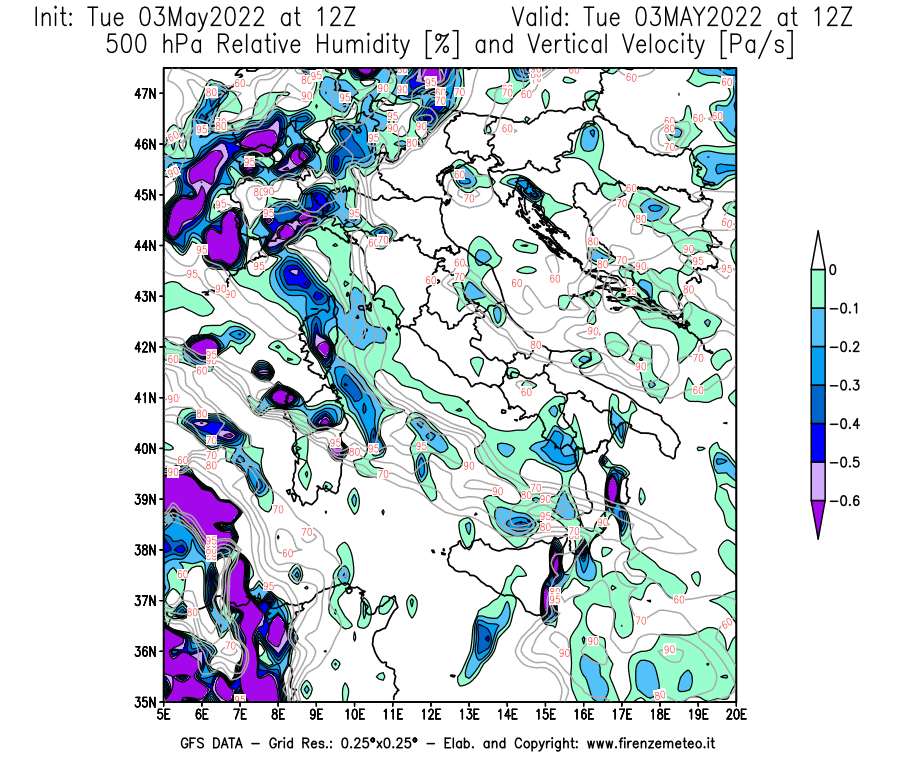 Mappa di analisi GFS - Umidità relativa [%] e Omega [Pa/s] a 500 hPa in Italia
									del 03/05/2022 12 <!--googleoff: index-->UTC<!--googleon: index-->