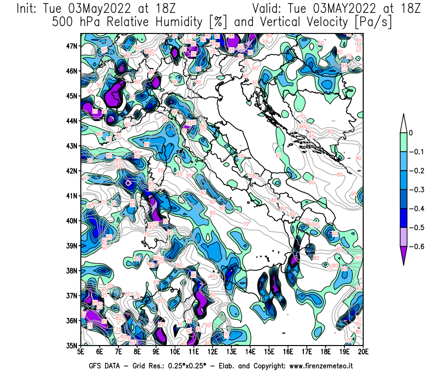 Mappa di analisi GFS - Umidità relativa [%] e Omega [Pa/s] a 500 hPa in Italia
									del 03/05/2022 18 <!--googleoff: index-->UTC<!--googleon: index-->