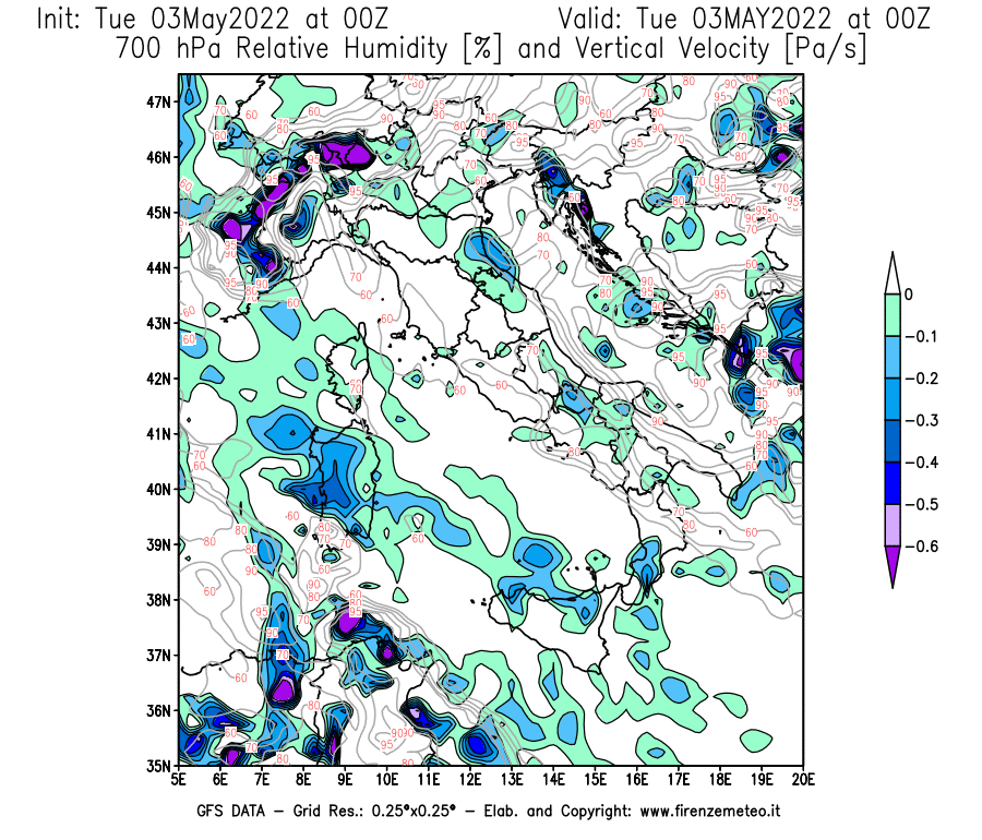 Mappa di analisi GFS - Umidità relativa [%] e Omega [Pa/s] a 700 hPa in Italia
									del 03/05/2022 00 <!--googleoff: index-->UTC<!--googleon: index-->