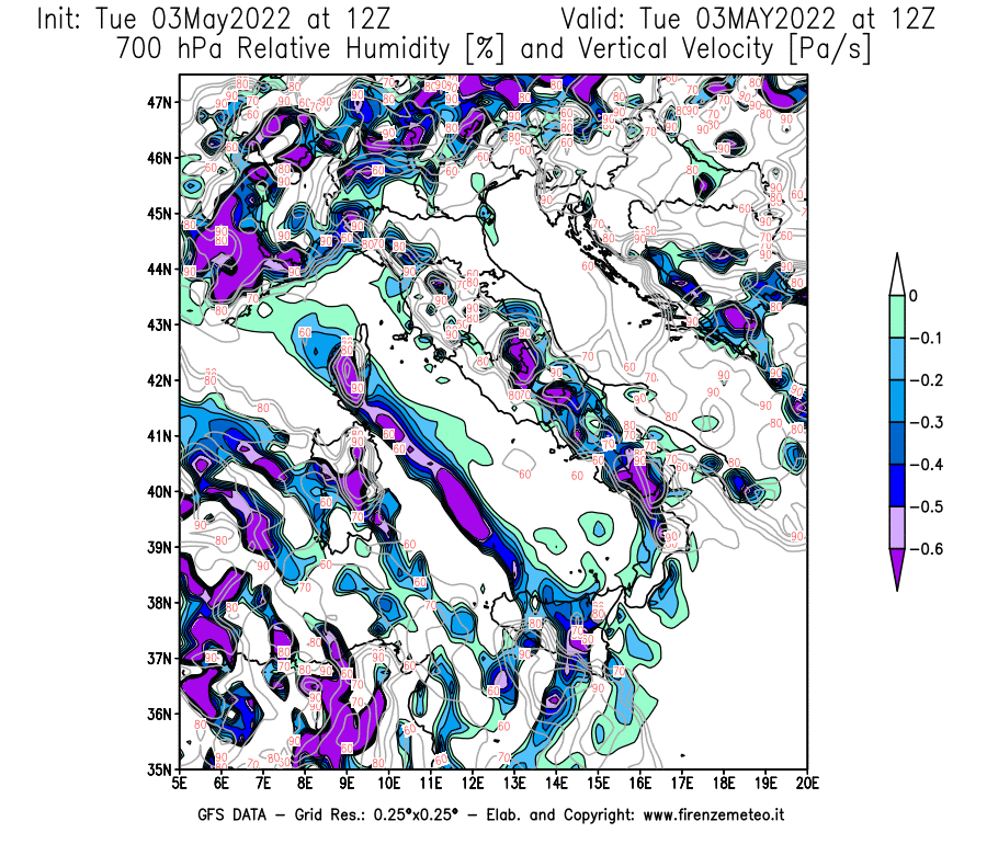Mappa di analisi GFS - Umidità relativa [%] e Omega [Pa/s] a 700 hPa in Italia
									del 03/05/2022 12 <!--googleoff: index-->UTC<!--googleon: index-->