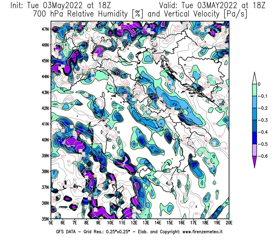 Mappa di analisi GFS - Umidità relativa [%] e Omega [Pa/s] a 700 hPa in Italia
									del 03/05/2022 18 <!--googleoff: index-->UTC<!--googleon: index-->