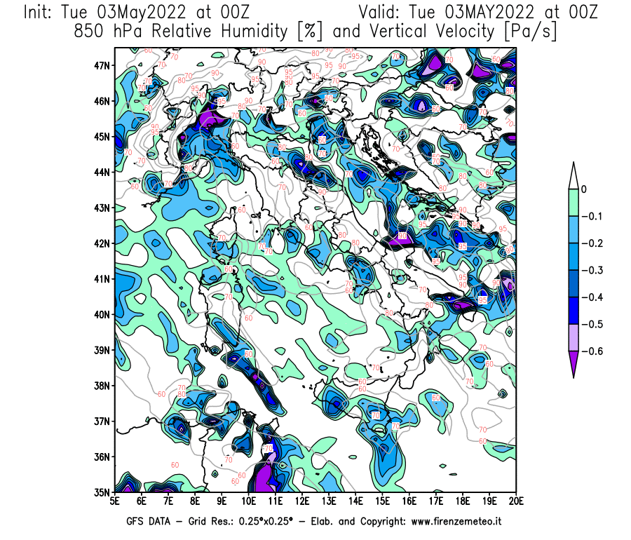 Mappa di analisi GFS - Umidità relativa [%] e Omega [Pa/s] a 850 hPa in Italia
									del 03/05/2022 00 <!--googleoff: index-->UTC<!--googleon: index-->