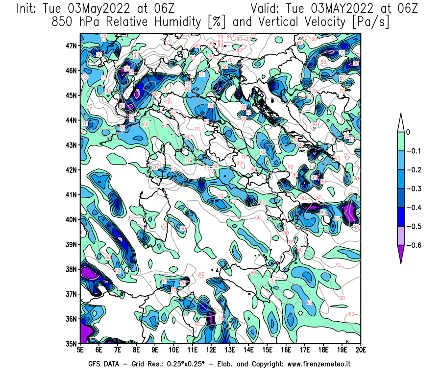 Mappa di analisi GFS - Umidità relativa [%] e Omega [Pa/s] a 850 hPa in Italia
									del 03/05/2022 06 <!--googleoff: index-->UTC<!--googleon: index-->
