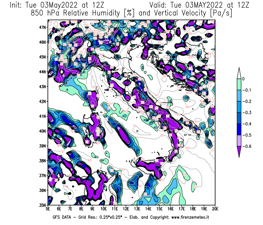 Mappa di analisi GFS - Umidità relativa [%] e Omega [Pa/s] a 850 hPa in Italia
									del 03/05/2022 12 <!--googleoff: index-->UTC<!--googleon: index-->