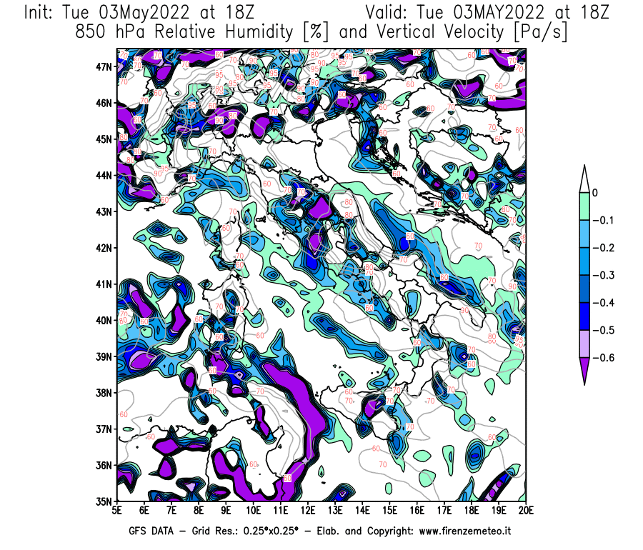 Mappa di analisi GFS - Umidità relativa [%] e Omega [Pa/s] a 850 hPa in Italia
									del 03/05/2022 18 <!--googleoff: index-->UTC<!--googleon: index-->
