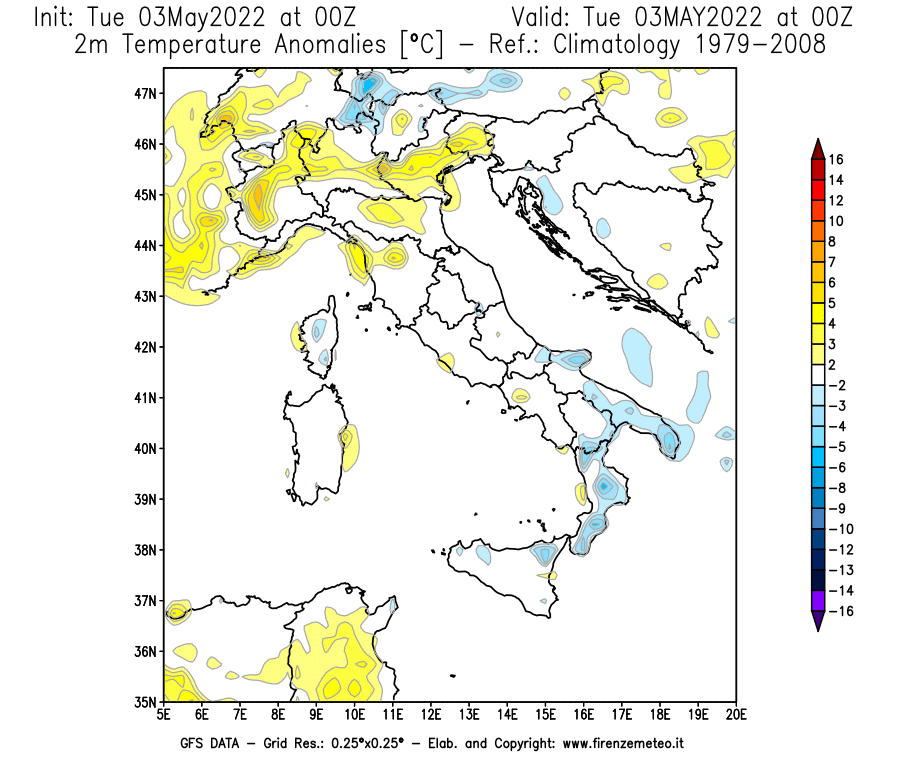 Mappa di analisi GFS - Anomalia Temperatura [°C] a 2 m in Italia
									del 03/05/2022 00 <!--googleoff: index-->UTC<!--googleon: index-->