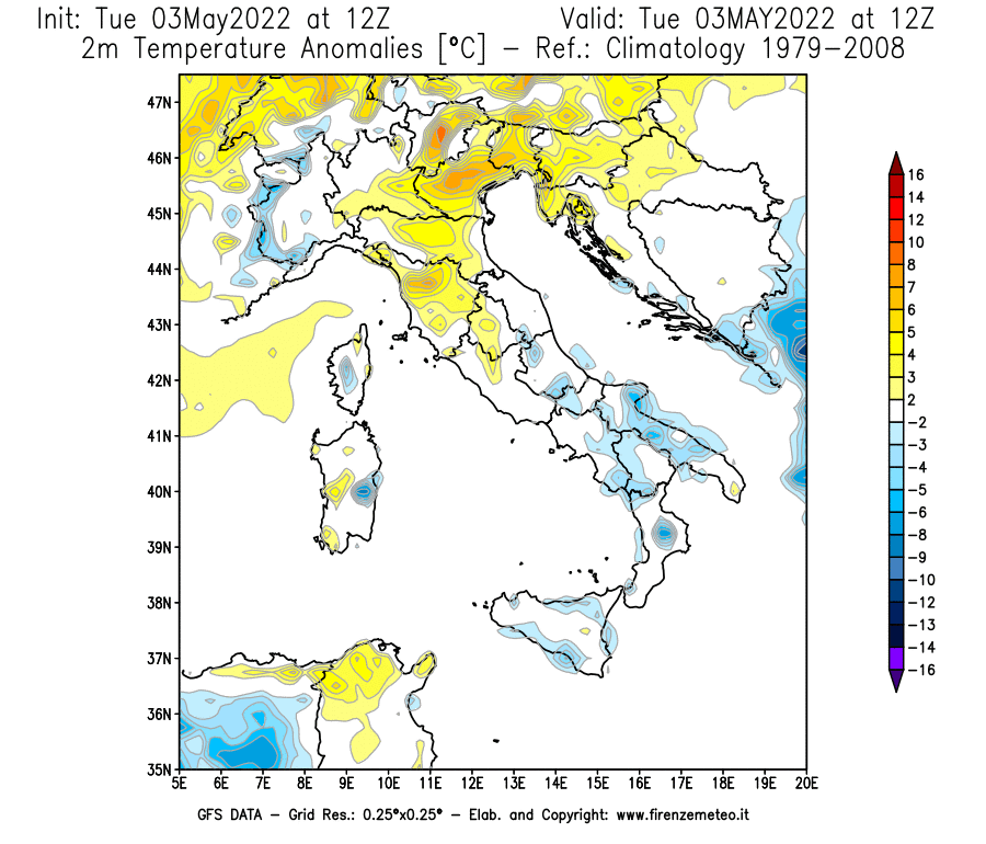 Mappa di analisi GFS - Anomalia Temperatura [°C] a 2 m in Italia
									del 03/05/2022 12 <!--googleoff: index-->UTC<!--googleon: index-->