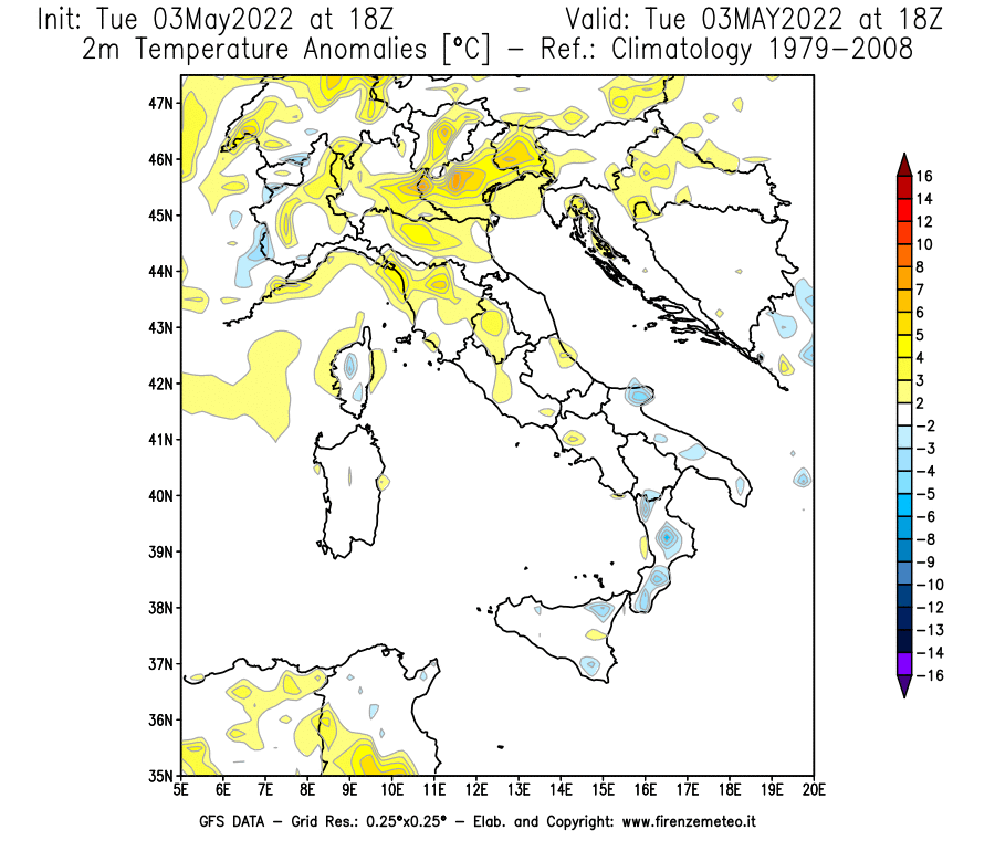 Mappa di analisi GFS - Anomalia Temperatura [°C] a 2 m in Italia
									del 03/05/2022 18 <!--googleoff: index-->UTC<!--googleon: index-->
