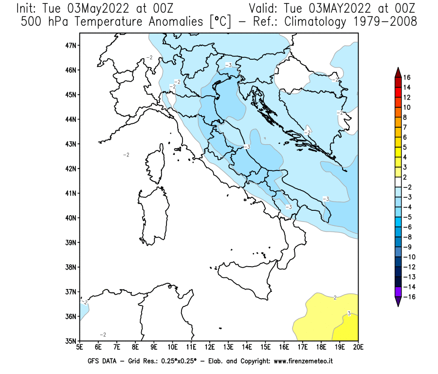 Mappa di analisi GFS - Anomalia Temperatura [°C] a 500 hPa in Italia
									del 03/05/2022 00 <!--googleoff: index-->UTC<!--googleon: index-->