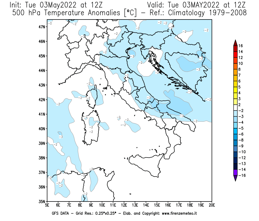 Mappa di analisi GFS - Anomalia Temperatura [°C] a 500 hPa in Italia
									del 03/05/2022 12 <!--googleoff: index-->UTC<!--googleon: index-->
