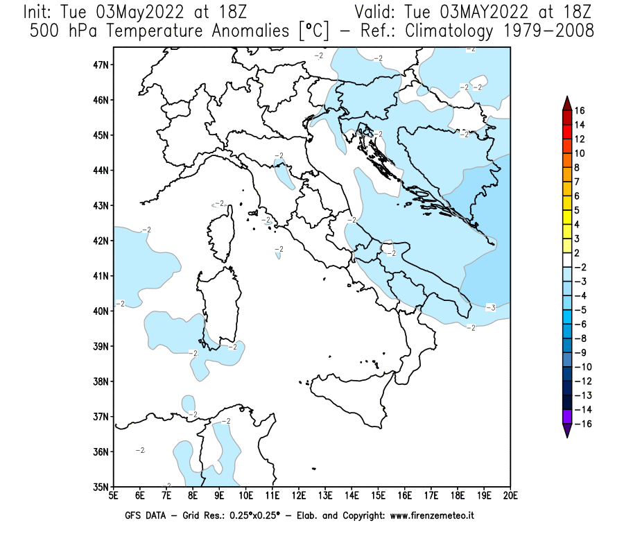 Mappa di analisi GFS - Anomalia Temperatura [°C] a 500 hPa in Italia
									del 03/05/2022 18 <!--googleoff: index-->UTC<!--googleon: index-->
