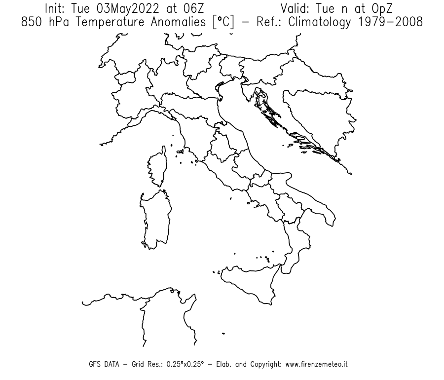 Mappa di analisi GFS - Anomalia Temperatura [°C] a 850 hPa in Italia
									del 03/05/2022 06 <!--googleoff: index-->UTC<!--googleon: index-->