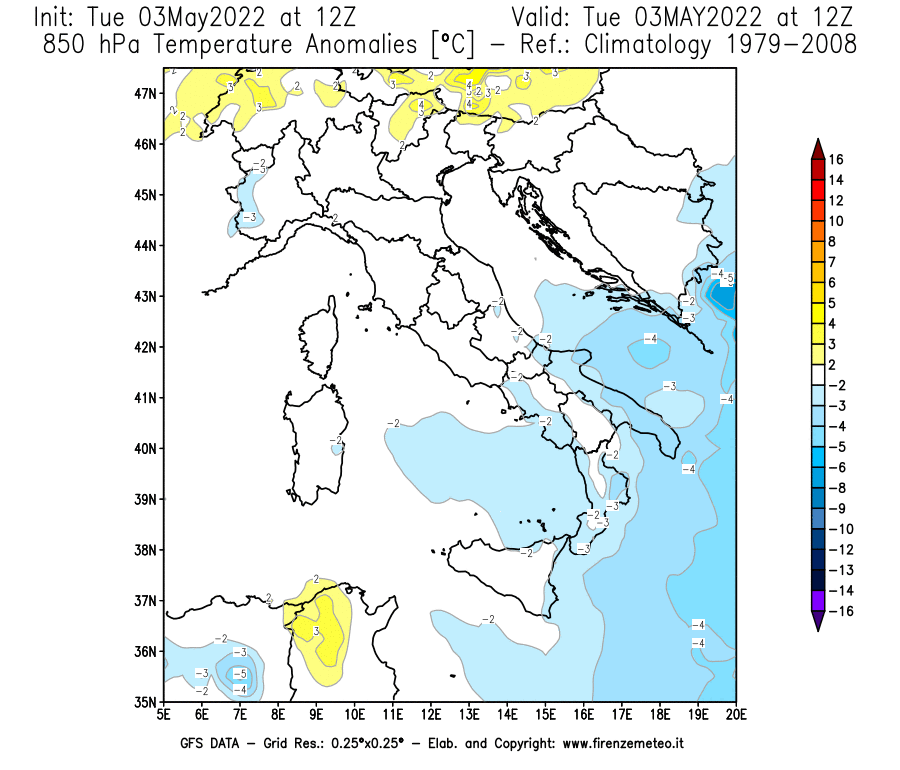 Mappa di analisi GFS - Anomalia Temperatura [°C] a 850 hPa in Italia
									del 03/05/2022 12 <!--googleoff: index-->UTC<!--googleon: index-->