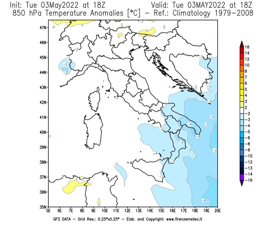 Mappa di analisi GFS - Anomalia Temperatura [°C] a 850 hPa in Italia
									del 03/05/2022 18 <!--googleoff: index-->UTC<!--googleon: index-->