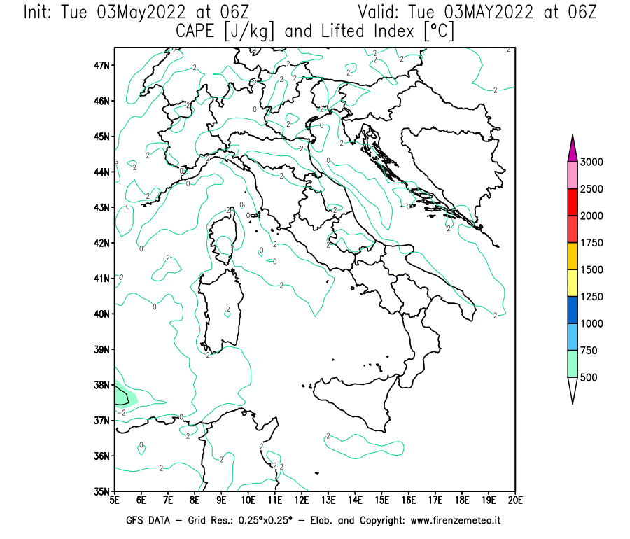 Mappa di analisi GFS - CAPE [J/kg] e Lifted Index [°C] in Italia
									del 03/05/2022 06 <!--googleoff: index-->UTC<!--googleon: index-->